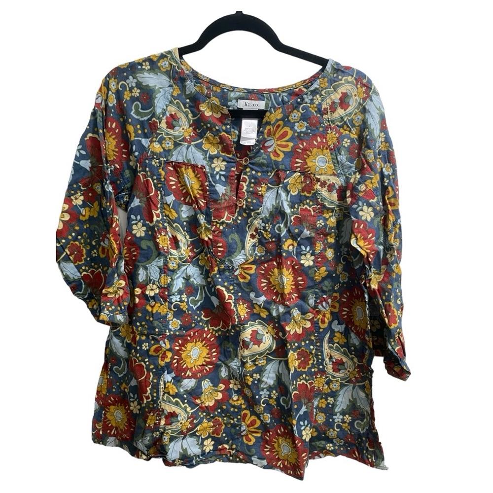 Liz & Co Women’s 100% Cotton 3/4 Length Sleeve Paisley Floral Blouse size Medium
